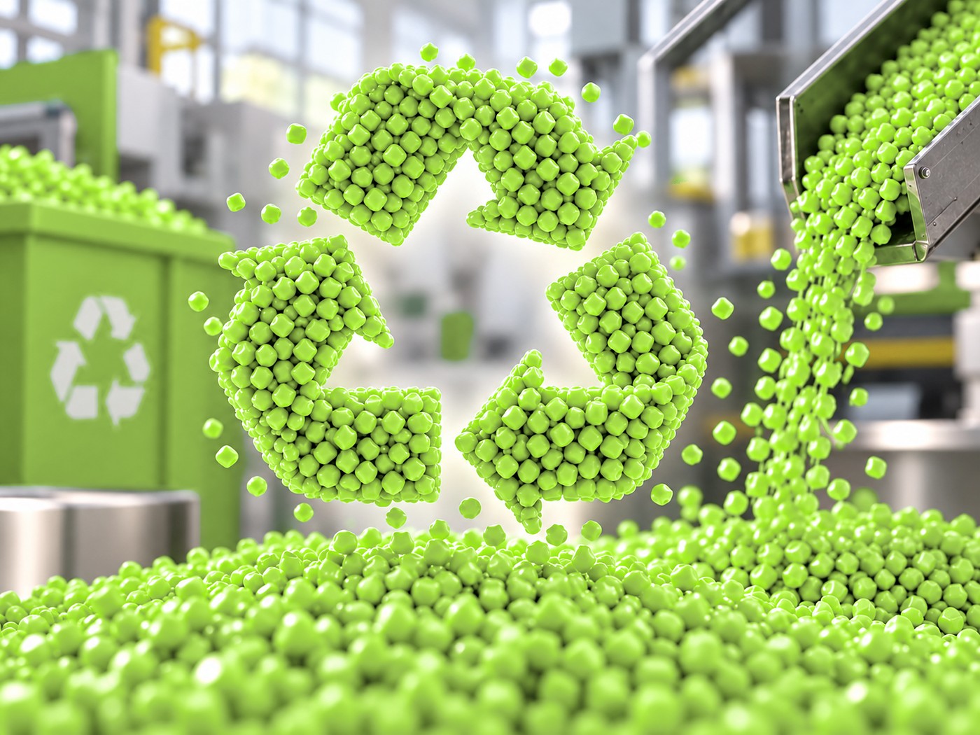 Granuli di plastica riciclata, verdi e grigi